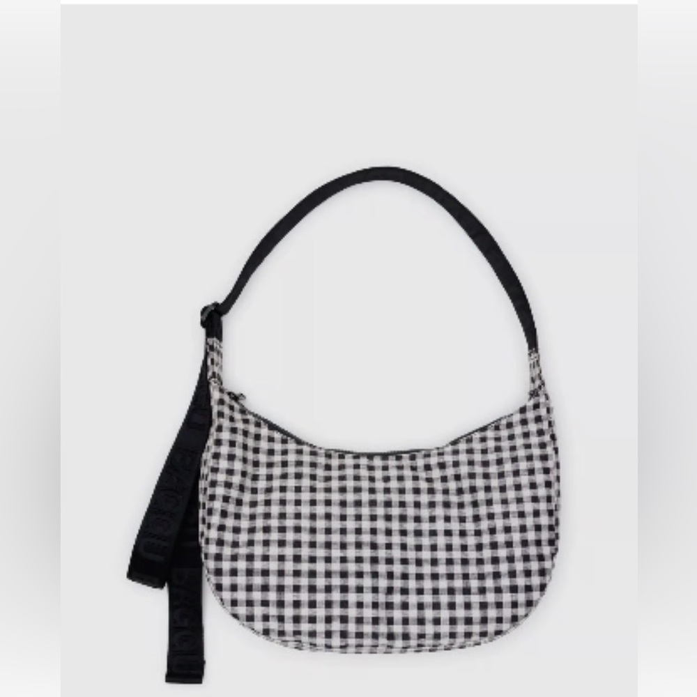 BAGGU Medium Nylon Crescent Bag w/ Key Leash - Black &
White Gingham